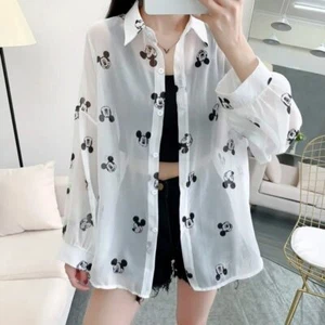 Women's Mickey Mouse Print Long Sleeve Tops Loose Fit White Blouse Casual Shirt* - Picture 1 of 3