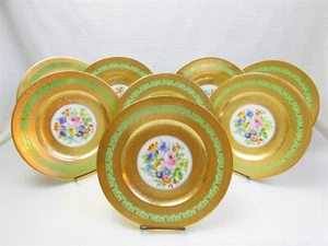 8 Royal China Limoges France HP Green Floral 22k Gold Rims 10.75" Cabinet Plates - Picture 1 of 17