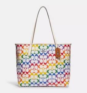 NWT Coach City Tote In Rainbow Signature Canvas Leather C4181 Chalk multi - Picture 1 of 5