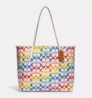 NWT Coach City Tote In Rainbow Signature Canvas Leather C4181 Chalk multi - Image 1 of 4