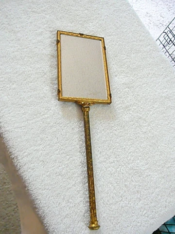 Hand Held Bronze Mirror Oval Porcelain Stone Heavy Antique 13 1/4" T, 3 5/8" W Cover