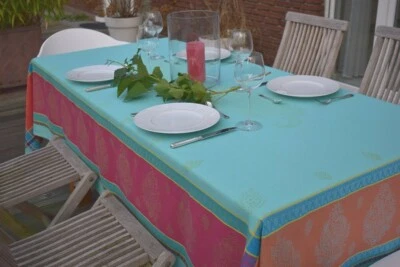 Tischdecke Jacquard Baumwolle 160x250 cm türkis aus Frankreich mit Teflonschutz - Image 1 of 4