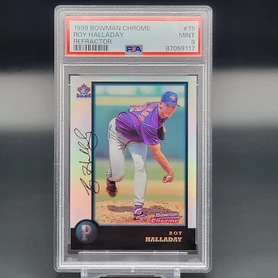 Bowman Chrome Refractor #75 Roy Halladay Blue Jays Phillies 1998 Salón de la fama PSA 9 Foto 1 de 2