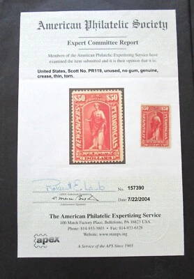 US Scott #PR119  $50 Newspapers Periodicals 1895 Mint NG, APEX Certification - Image 1 of 4