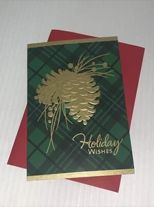 Hallmark Christmas Card: Gold Pinecones Green Plaid Beauty Peace & Contentment - Picture 1 of 7