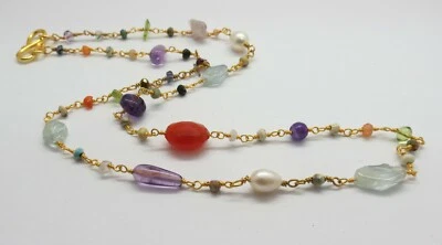 Natural Gemstone Multi Stone Beads Rosary Chain 22K Gold Necklace 18 Inch Long   - Image 1 of 3