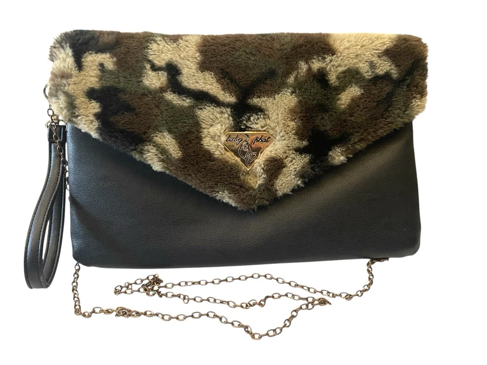 VTG BABY PHAT Y2K Black Brown Camo Faux Fur Flap Chainstrap Crossbody Bag RARE - Image 1 of 4