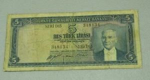 Turkey 5 Lira L. 1930 (1951 - 1960) Banknote Pic# 154. Seri D15 - Bild 1 von 2