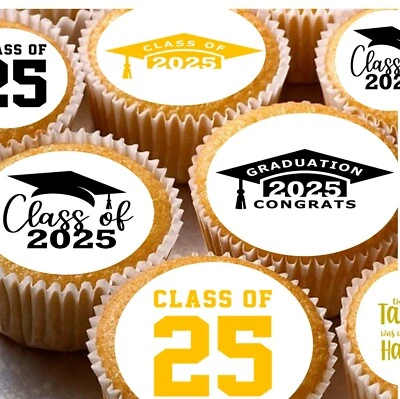 CDB 24 edible Graduation 2025 PRE CUT Wafer / Iced / Card Cupcake Fairy Cake Toppers
