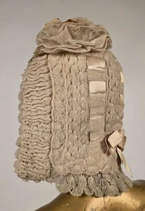 CIVIL WAR 1860’S BLONDE WOOL + SILK SATIN RIBBON HAT HOOD W RUFFLE TOP - Picture 1 of 6