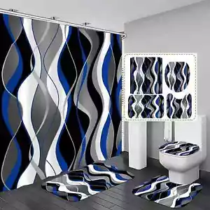Set of 4 blue and black striped shower curtains, gray white bathroom curtains - Picture 1 of 7