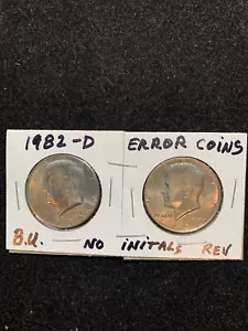 2 PC LOT KENNEDY HALF DOLLAR, 1982-D, ERROR NO INITIAL ON REVERSE ; CHOICE BU - Picture 1 of 6