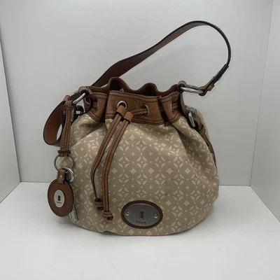 Bolso Cubo FOSSIL ZB4960 Vintage Lona Tostada Cuero Cordón de Hombro Foto 1 de 4