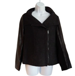 VINCE Charcoal Wool & Black Leather Sleeve Offset Zip Front Jacket Size L - Picture 1 of 12