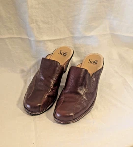 Sofft Rich Brown Leather Mules Womens 8.5 Brown Block Heel 2.5" - Picture 1 of 11