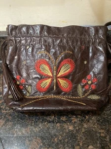 Frances Cobiasia Embroidered Leather Purse Butterfly and Flowers - Picture 1 of 7