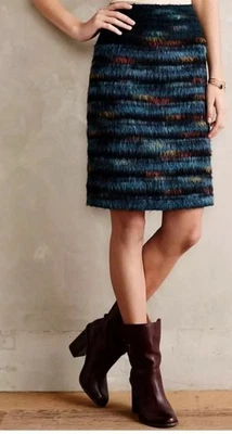 Anthropologie Maeve Womens Skirt Size 2 Feathered Wool Pencil Peacock Stripes - Image 1 of 4