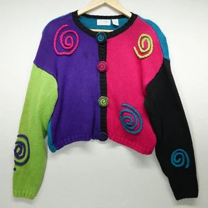 Vintage Stefano Cardigan Sweater Womens Large Colorblock Spiral 80s 90s - Picture 1 of 13