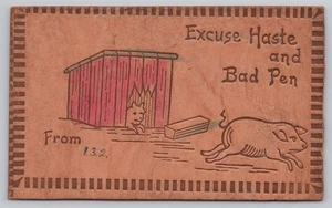 Postal de cuero con escena de granero para correr cerdo prisa y mala pluma Excuse - Imagen 1 de 2