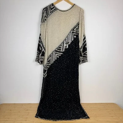 Vintage Judith Ann Creations Black Ivory Beaded 100% Silk Rayon Maxi Dress M - Image 1 of 4