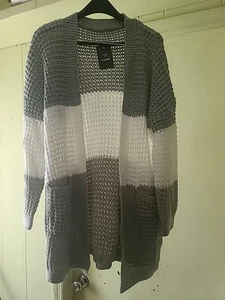 Cárdigan Abierto C. CLINE Bolsillo Longline, Gris y BLANCO Mujer Mediano Nuevo Lavable - Imagen 1 de 4