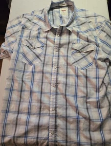 Camisa Levi Strauss Para Hombres Talla 2XL Manga Corta Perla A Presión Western Azul a Cuadros - Imagen 1 de 9