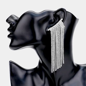 Pendientes colgantes únicos de 3 1/2" perforados y clip en plata piedra transparente varias filas - Imagen 1 de 2
