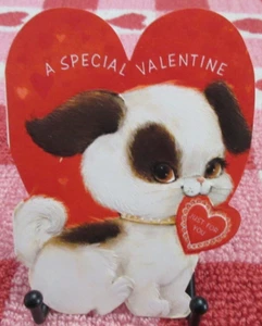 Tarjeta de San Valentín HALLMARK de 1966 en relieve de colección cachorro perro sosteniendo corazón solo para ti - Imagen 1 de 4