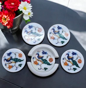 Juego de posavasos de mármol blanco de 4 "Excelente diseño semi precious pavo real incrustación arte hogar - Imagen 1 de 8