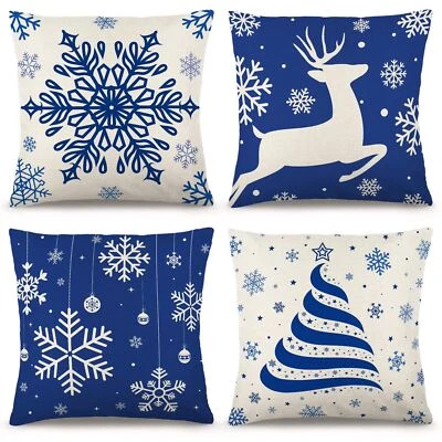 DecorX Christmas Blue Pillow Covers 18×18 Inch Set of 4 Farmhouse Pillow Covers - Image 1 of 4