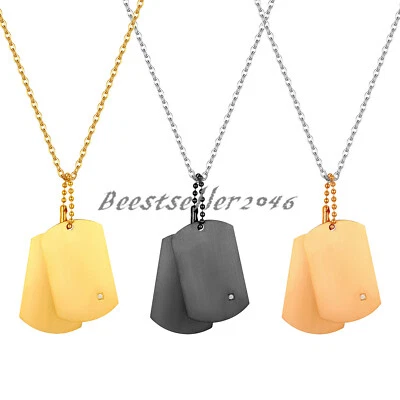 Mens Stainless Steel Army Military 2 Dog Tag Pendant with CZ Necklace 22" Chain - Image 1 of 4