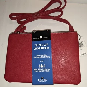 Mundi Triple Zip Cross Body Purse Handbag Bag Organizer RFID Battery USB, Red - Picture 1 of 8