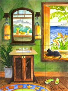 Piastrella tropicale backsplash Robin Wethe Altman arte gatto ceramica murale RWA035 - Foto 1 di 2