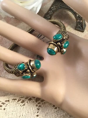 Vintage Bronze Bangle Green Malachite Stones Victorian Antique Etruscan Revival - image 1 of 4