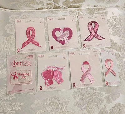 Breast Cancer Awareness Pink Ribbon Sew On Embroidered Appliqué Lot Of 7 Patches - Image 1 of 4