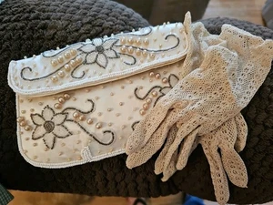 Vintage Regal Produkt Kunstperlen Elfenbein Clutch Handtasche mit Spitzenhandschuhen - Bild 1 von 9