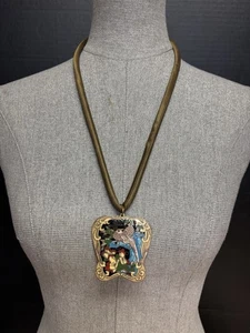 Vintage Cloisonné Enamel Bird on Brass Pendant on 26-Inch Chord  Necklace #4969 - Picture 1 of 6