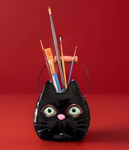 Palm Tree Ltd Halloween Black Cat Ceramic Basket Green Eyes Candle Plant Decor - Picture 1 of 16