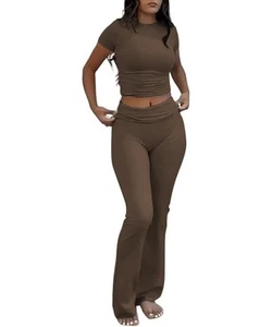 COPYLEAF Two Piece Lounge Sets for Women Fold Over Flare Pants Short Sleeve C... - Picture 1 of 5