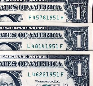 1951 Birth Year Notes One Dollar Fancy Serial Numbers Lot of 3 - Picture 1 of 3