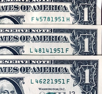 1951 Birth Year Notes One Dollar Fancy Serial Numbers Lot of 3 - Image 1 of 3