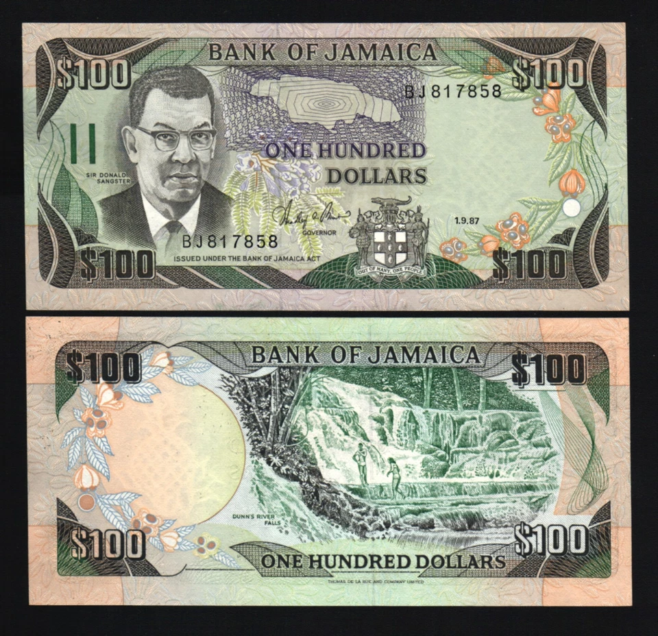 JAMAICA 100 DOLLARS P-74 1987 MAP WATER FALL UNC CARIBBEAN MONEY BILL BANK NOTE - Image 1 of 1