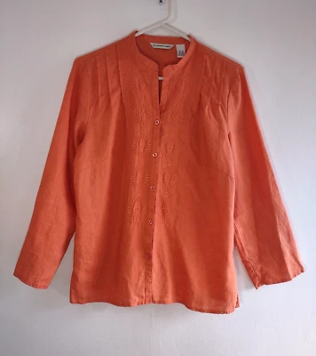 Blusa Ecologie Bordada Lino Botón Frontal Cuello en V Naranja Quemado Mujer Mediana Foto 1 de 4