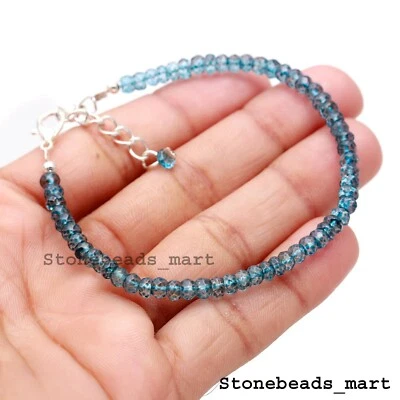 Pulsera hecha a mano facetada rondelle topacio Londres azul plata de ley 925 7" Foto 1 de 4