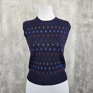 Vintage 70s 80s Corporate Woman M Blue Geo Pattern Wool Knit Sweater Vest - Picture 1 of 8
