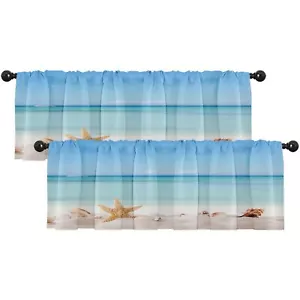Summer Beach Valances for Windows 2 Pack Sea Shells Starfish Blue Blackout Ad... - Picture 1 of 7