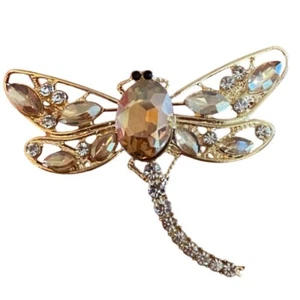 Dragonfly Brooch Bling Gold Tone Pin Rhinestone Crystal Statement Jewelry N/R - Picture 1 of 5