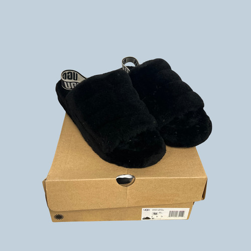 UGG Fluff Yeah sandali sfocati slingback slides ragazze pelliccia nera taglia US 10 EU 41