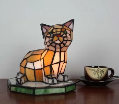 Tiffany Style Stained Glass Accent Table Lamp Kitty Cat Night Light Bedside Lamp - Image 1 of 4
