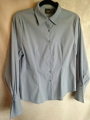 Copper Key Women Medium Top Long Slv.  Stretch Shirt Blue White Stripe Career A1 - Image 1 of 4